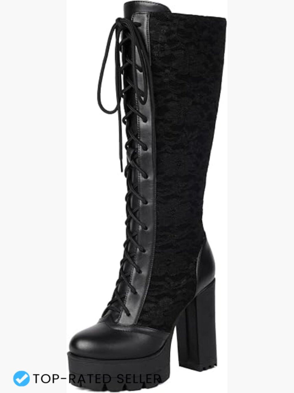 Knee High Platform Boots Chunky Block Heel Gothic Lace-Up Combat Boots Round Toe